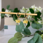 Mini Floral Huggies, Small Yellow Flower Drop Hoop Earrings, Summer Flower Clear Water Drop Earrings, Osmanthus Unique Dangle